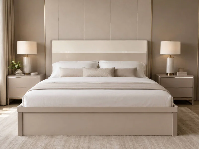 Giường Ngủ ELLORA GN2571 nhìn chính diện, đặt trong phòng ngủ hiện đại với tông màu be chủ đạo. Giường có đầu giường cao…
