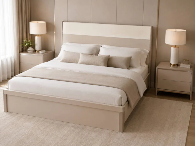 Giường Ngủ ELLORA GN2571 được chụp từ góc hơi chéo, cho thấy tổng thể giường và không gian phòng ngủ sang trọng. Giường đư…