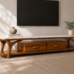 Kệ tivi ARBOR được chụp từ góc hơi chéo, làm nổi bật thiết kế khung gỗ mun tự nhiên với những đường cong uyển chuyển, tạo…
