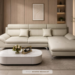 Sofa góc COASTAL II bọc da công nghiệp màu be nhạt, thiết kế hiện đại, đặt trong phòng khách sang trọng với bàn trà mặt đá…