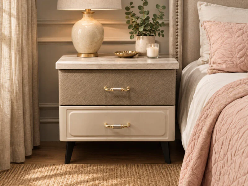 Tab đầu giường HAZEL góc chụp hơi nghiêng, đặt cạnh giường ngủ với chăn màu hồng. Tủ có mặt trên vân gỗ, hai ngăn kéo màu…