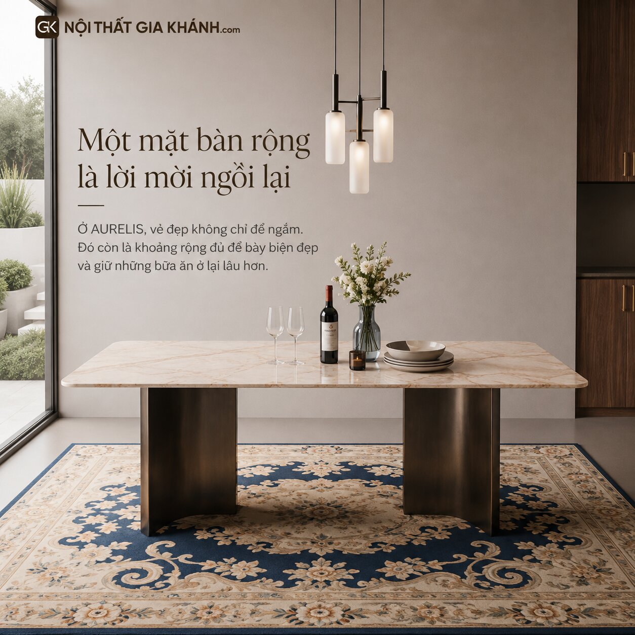 Bàn Ăn AURELIS - Bàn Ăn Hiện Đại 2m Mặt Đá Hồng Fendi Tự Nhiên BA816