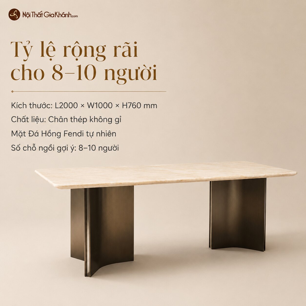 Bàn Ăn AURELIS - Bàn Ăn Hiện Đại 2m Mặt Đá Hồng Fendi Tự Nhiên BA816