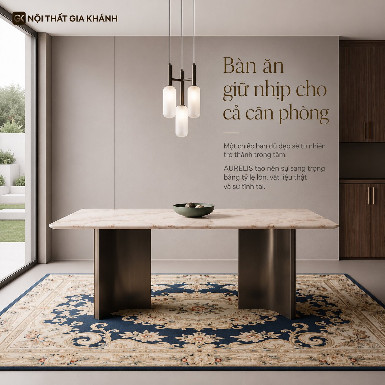 Bàn Ăn AURELIS - Bàn Ăn Hiện Đại 2m Mặt Đá Hồng Fendi Tự Nhiên BA816