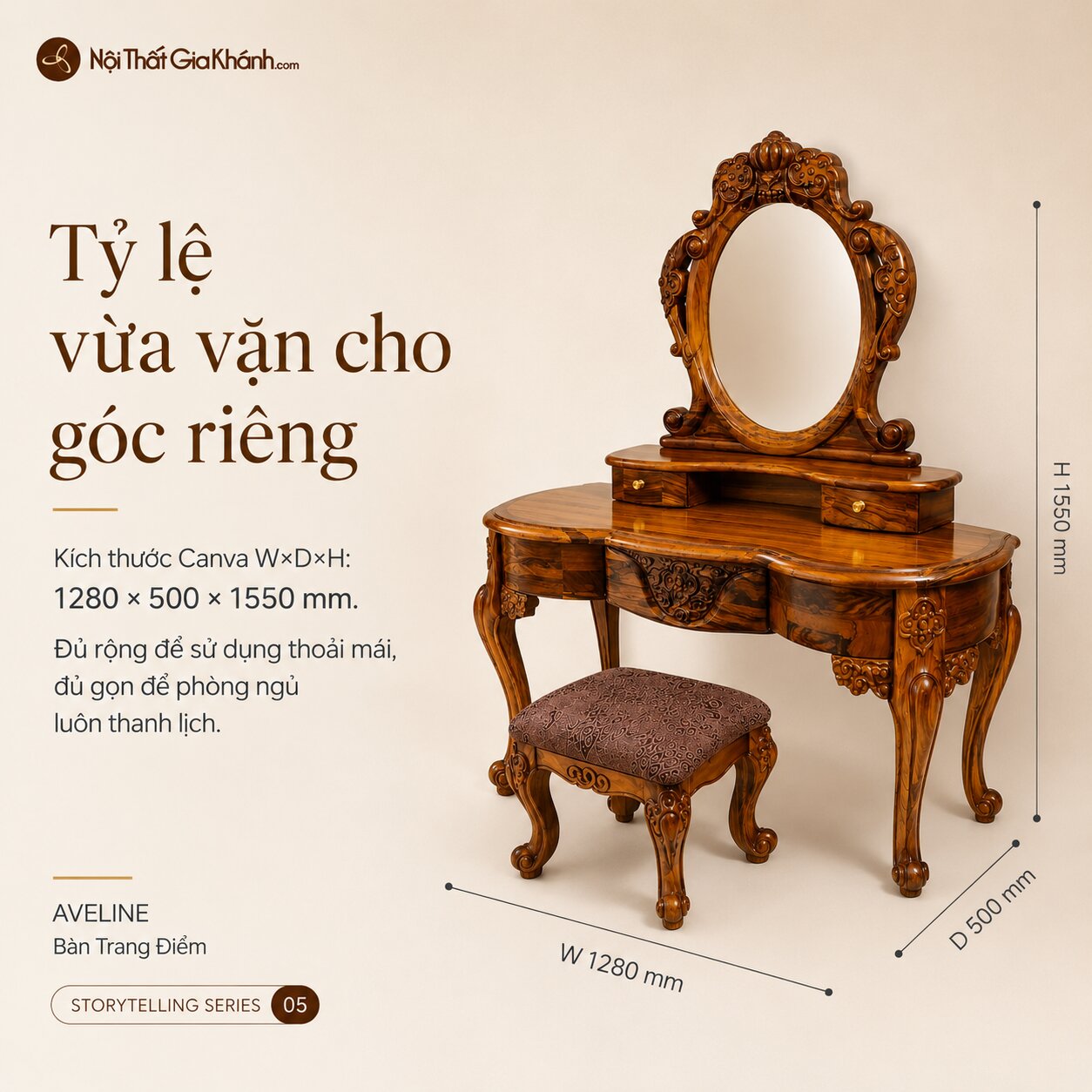 Bàn Phấn AVELINE - Bàn Trang Điểm Gỗ Mun Nhập Khẩu BP802