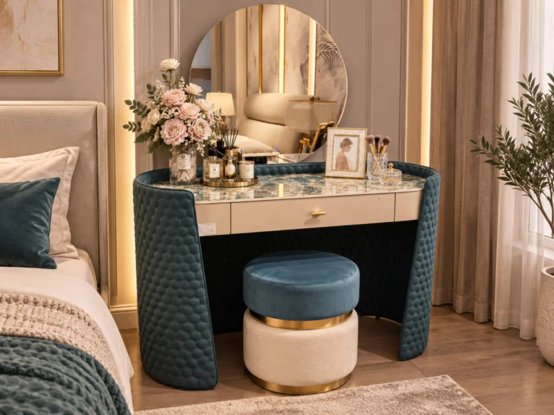 Bàn trang điểm VELOURA CD06 trong phòng ngủ sang trọng, chụp từ góc chếch. Bàn có mặt đá phiến vân xanh xám, thân bọc da x…