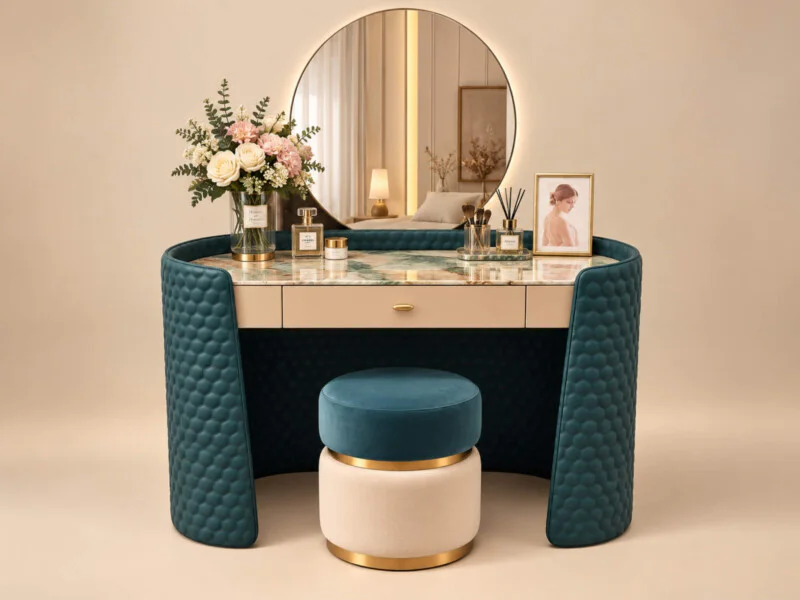 Toàn cảnh bàn trang điểm VELOURA CD06 và ghế đôn, chụp chính diện. Bàn thiết kế cong mềm mại, mặt đá phiến vân xanh, một n…