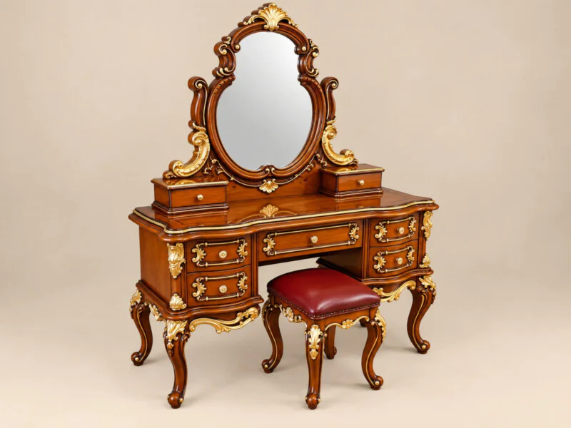 Bàn trang điểm VERSAILLES - BP8808 nhìn từ góc hơi chếch, làm nổi bật cấu trúc bàn với nhiều ngăn kéo tiện lợi ở hai bên v…