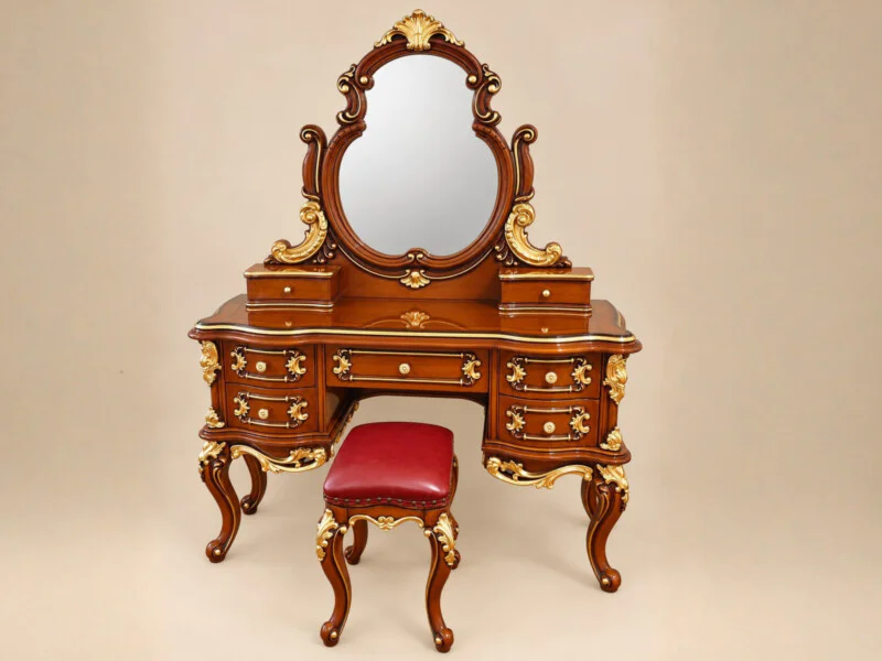 Bàn phấn VERSAILLES - BP8808 được chụp chính diện, thể hiện toàn bộ vẻ đẹp tân cổ điển với khung gỗ tự nhiên màu nâu bóng…