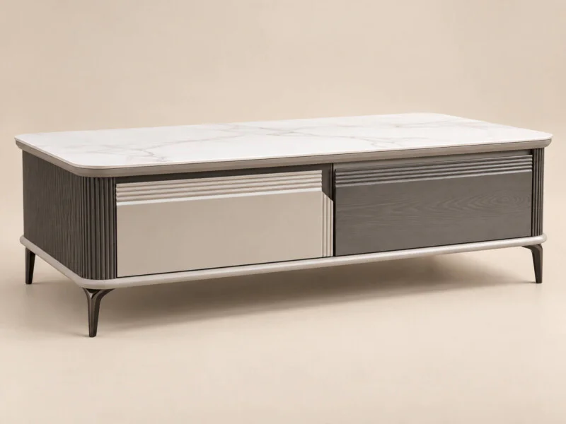 Bàn Sofa FIRENZE BT1600 chụp góc nghiêng, nổi bật mặt đá công nghiệp vân mây trắng và thân bàn gỗ công nghiệp xám ghi. Hai…