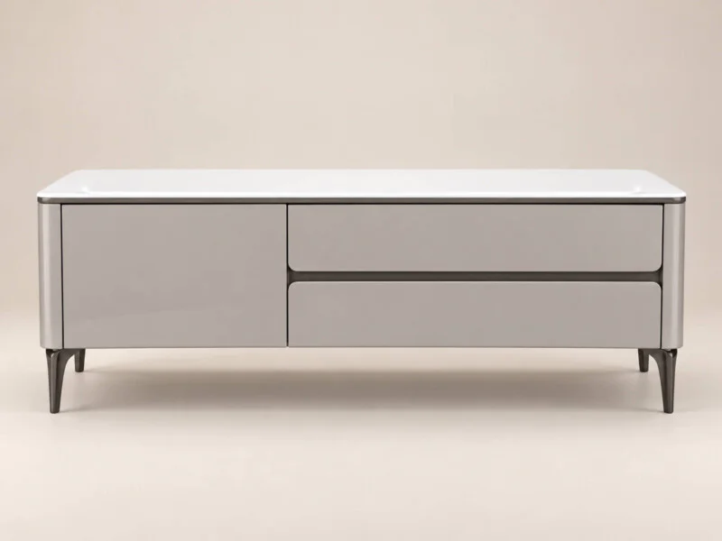 Bàn trà ARLUNE BT8635 chụp chính diện trên nền be trơn, thể hiện rõ thiết kế tối giản và hiện đại. Thân bàn màu be sáng bó…