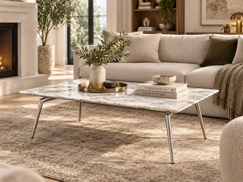 Bàn trà CARRARA BTCJ336 đặt trong không gian phòng khách hiện đại, sang trọng. Mặt bàn đá tự nhiên vân mây trắng xám hình…