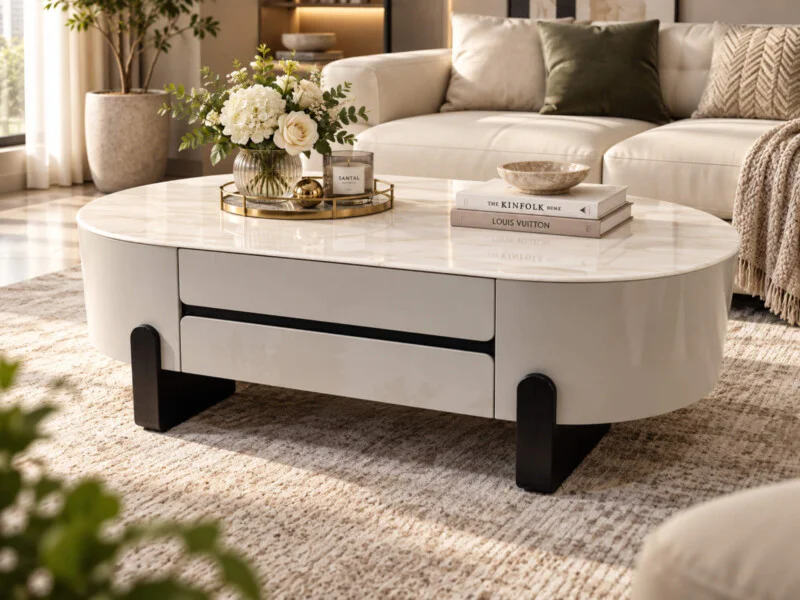 Bàn trà EVANIA hiện đại với mặt đá tự nhiên hình oval, thân bàn màu trắng bóng và hai ngăn kéo tiện lợi. Chân bàn màu đen…