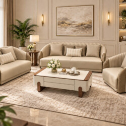 Bộ sofa ELOWEN luxury đầy đủ gồm sofa băng 3, sofa băng 2, hai ghế đơn và bàn trà, được bài trí trong không gian phòng khá…