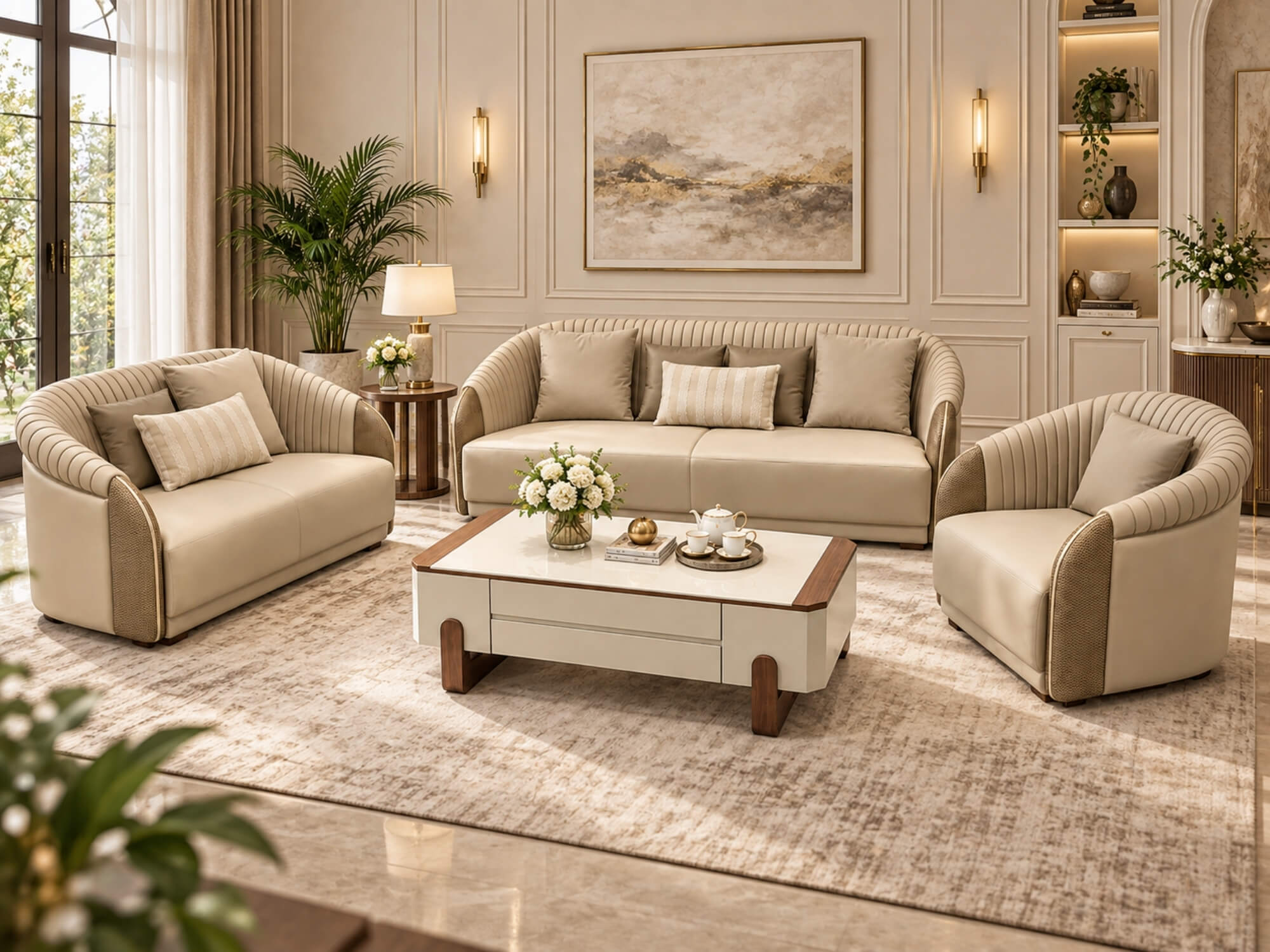 Bộ sofa ELOWEN luxury đầy đủ gồm sofa băng 3, sofa băng 2, hai ghế đơn và bàn trà, được bài trí trong không gian phòng khá…
