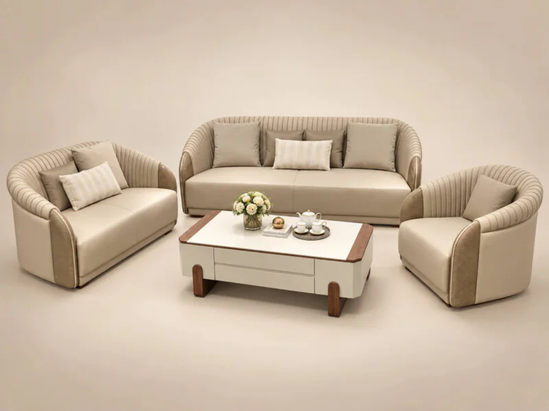 Toàn cảnh bộ sofa ELOWEN luxury được chụp từ góc trên cao trên nền trắng, bao gồm một sofa băng 3, một sofa băng 2, hai gh…