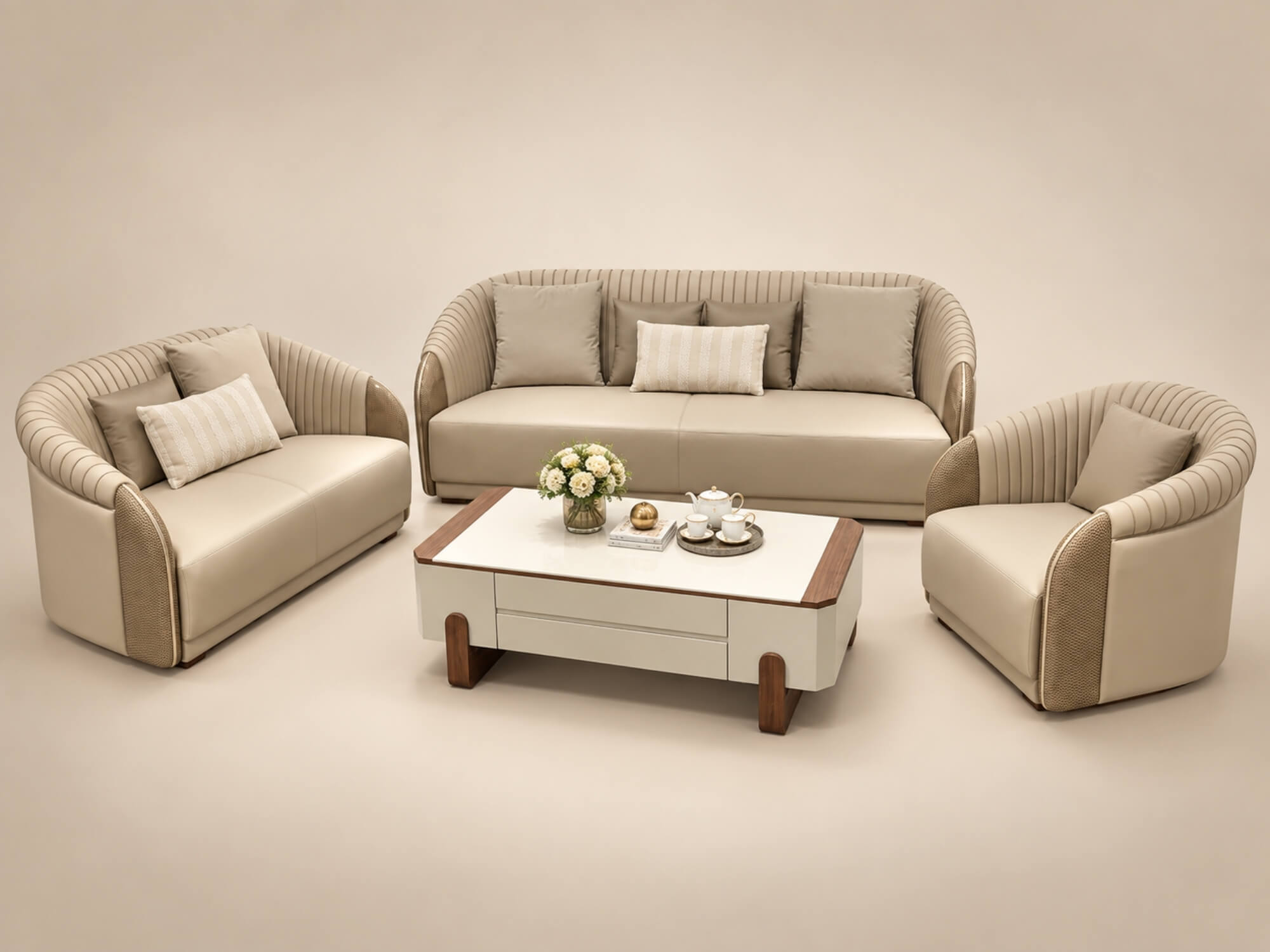 Toàn cảnh bộ sofa ELOWEN luxury được chụp từ góc trên cao trên nền trắng, bao gồm một sofa băng 3, một sofa băng 2, hai gh…