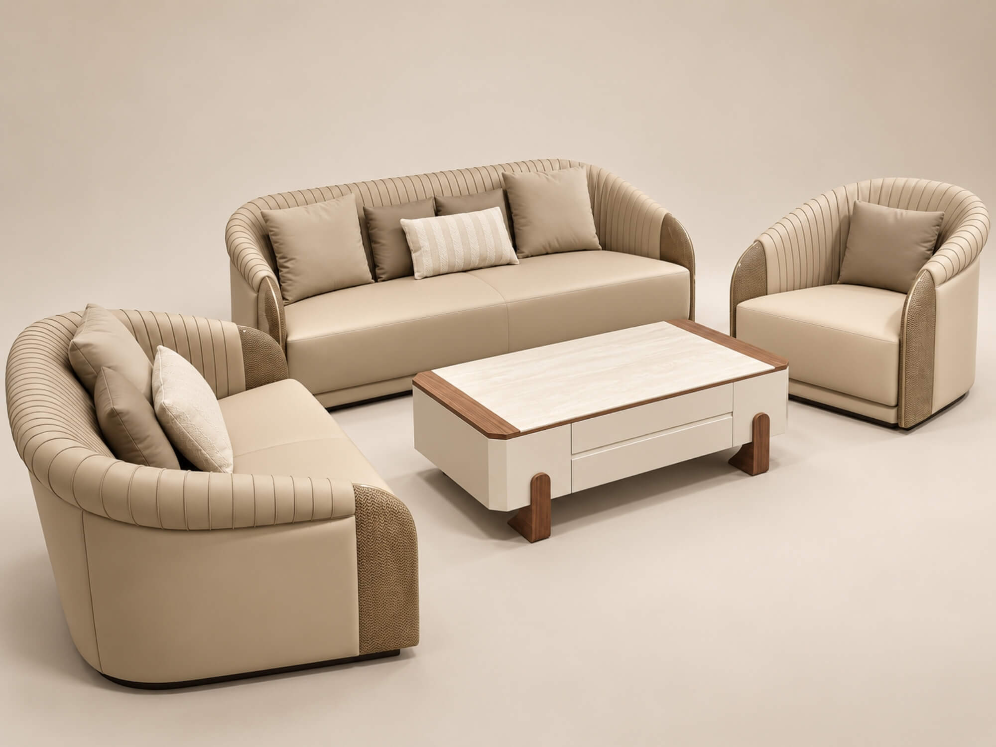 Bộ sofa ELOWEN luxury được chụp từ góc nghiêng trên nền trắng, thể hiện rõ các thành phần: sofa băng 3, sofa băng 2, hai g…
