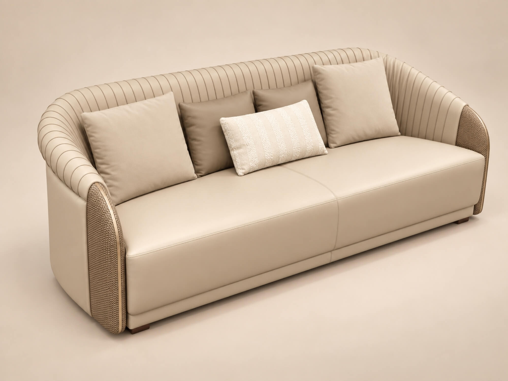 Sofa băng 3 ELOWEN được chụp từ góc nghiêng trên nền trắng, phô diễn đường nét mềm mại và chi tiết tay vịn độc đáo. Phần t…