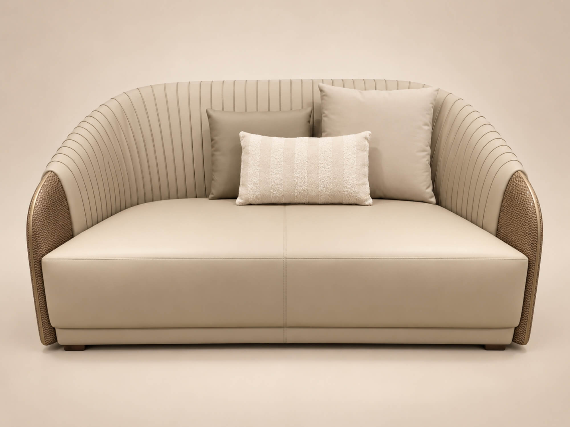 Sofa băng 3 ELOWEN được chụp chính diện trên nền trắng, nhấn mạnh vào thiết kế tay vịn cong mềm mại với các đường sọc dọc…