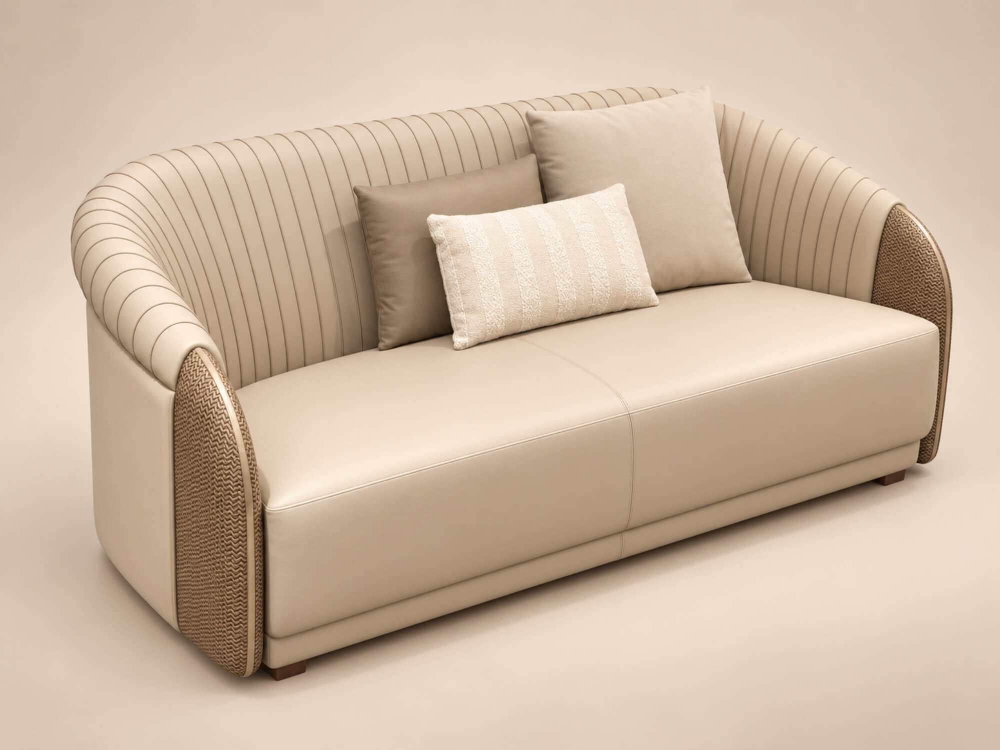 Sofa băng 2 ELOWEN được chụp từ góc nghiêng, thể hiện rõ thiết kế tay vịn cong với các đường sọc dọc tinh tế. Sofa bọc da…
