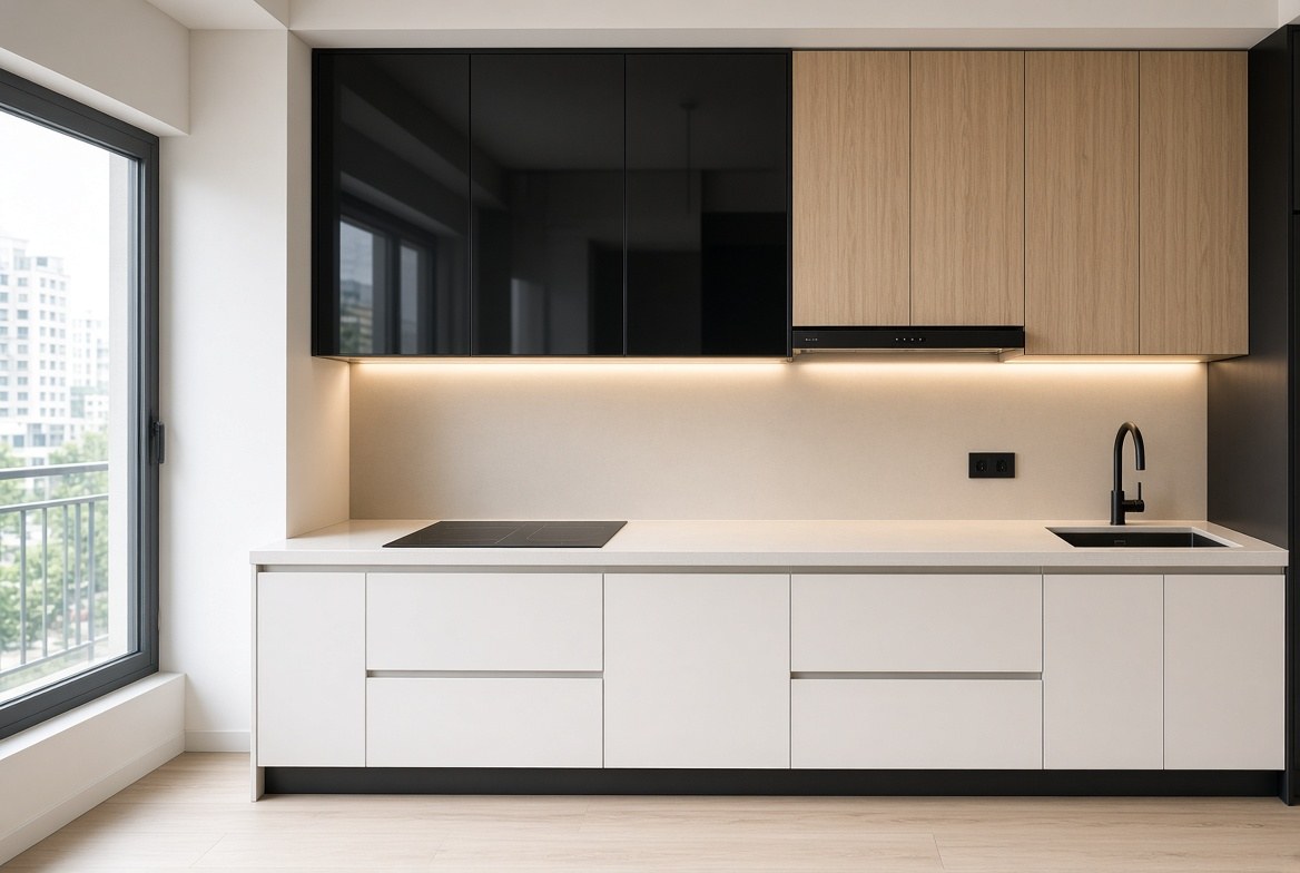 Tủ bếp acrylic đen kết hợp vân gỗ - ảnh minh hoạ thiết kế