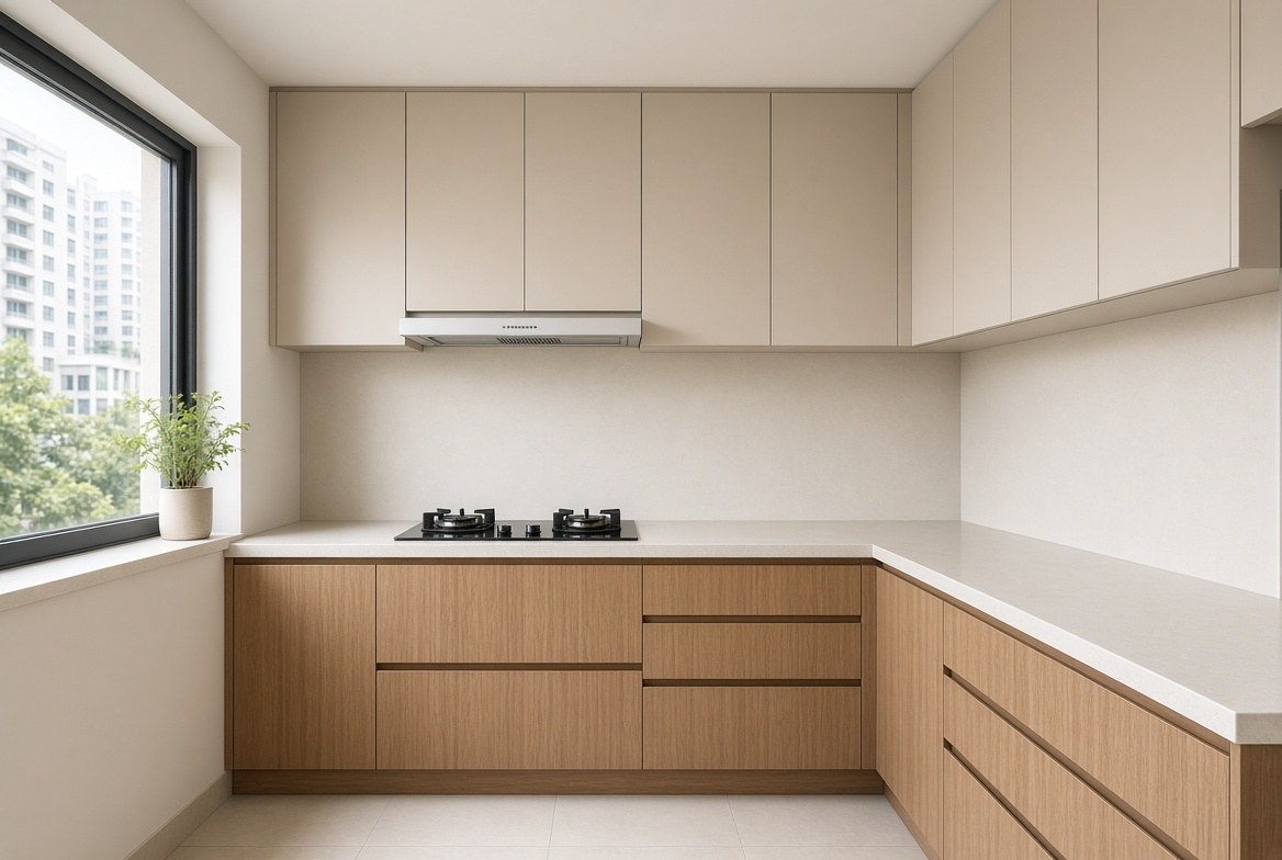 Tủ bếp chữ L cánh melamine vân gỗ - ảnh minh hoạ thiết kế