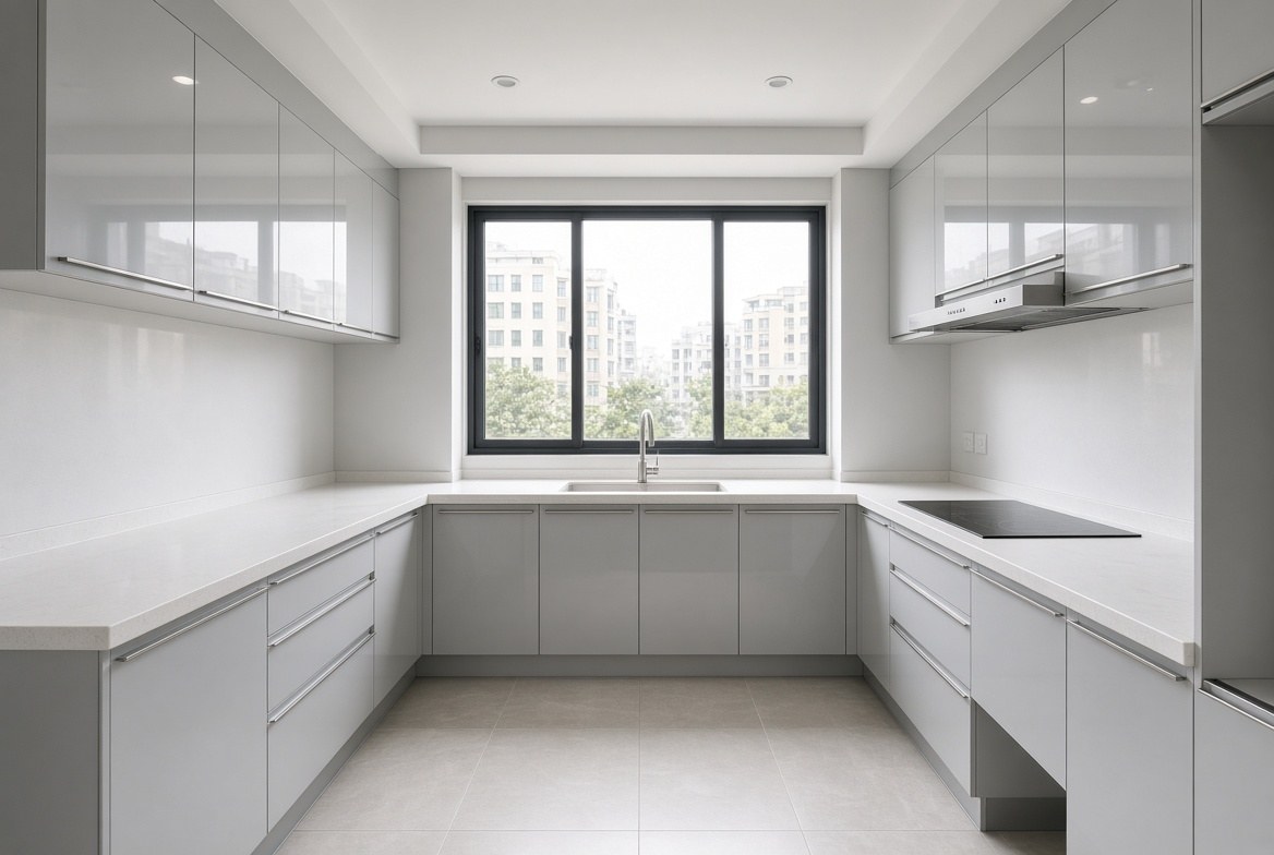 Tủ bếp chữ U cánh acrylic xám - ảnh minh hoạ thiết kế