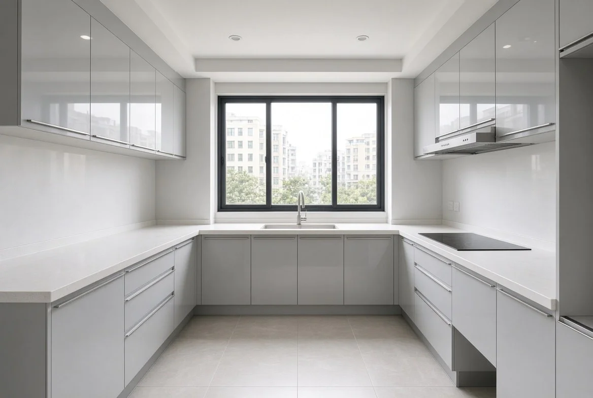 Tủ bếp chữ U cánh acrylic xám - ảnh minh hoạ thiết kế