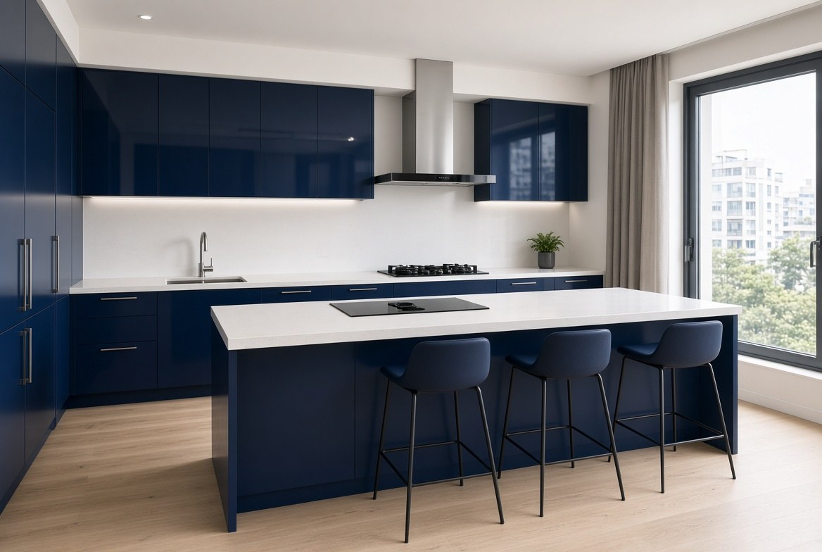 Tủ bếp có đảo cánh acrylic xanh navy - ảnh minh hoạ thiết kế