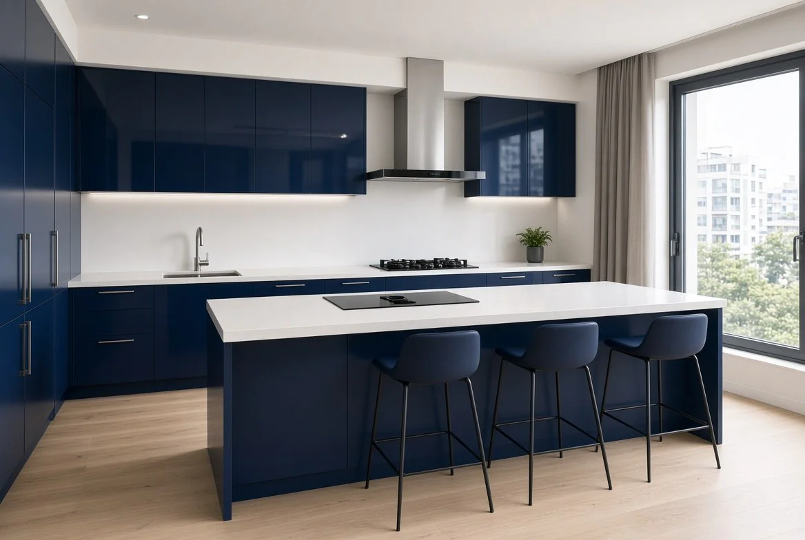 Tủ bếp có đảo cánh acrylic xanh navy - ảnh minh hoạ thiết kế