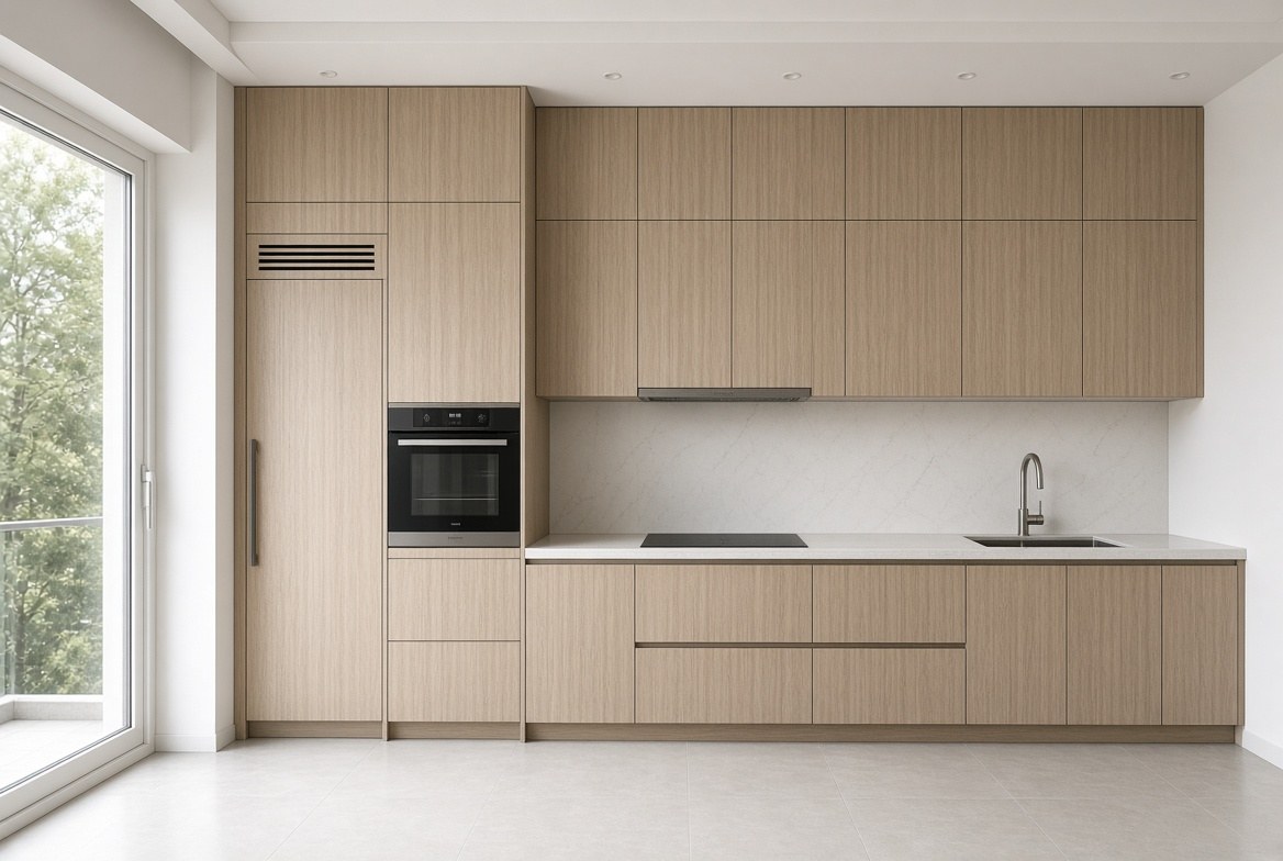 Tủ bếp kịch trần melamine vân gỗ - ảnh minh hoạ thiết kế