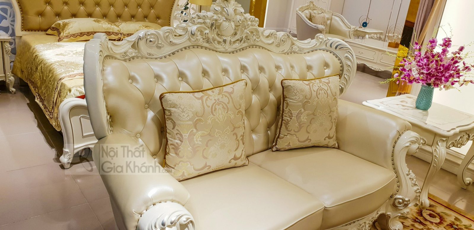 Bộ sofa 123 tân cổ điển sang trọng màu trắng ngọc trai SB931H-123