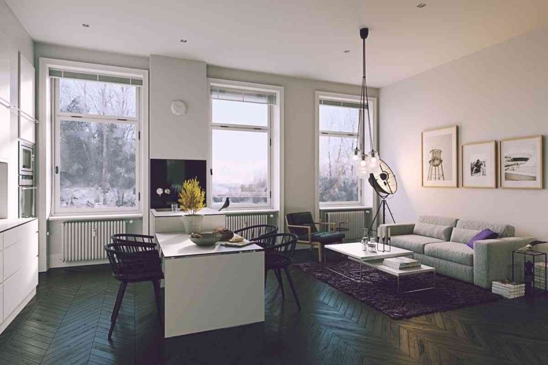 10 mẫu thiết kế nội thất hiện đại và sang trọng 14 Showroom Noi That Nhap Khau Black Flooring In Kitchen Living Dining Room